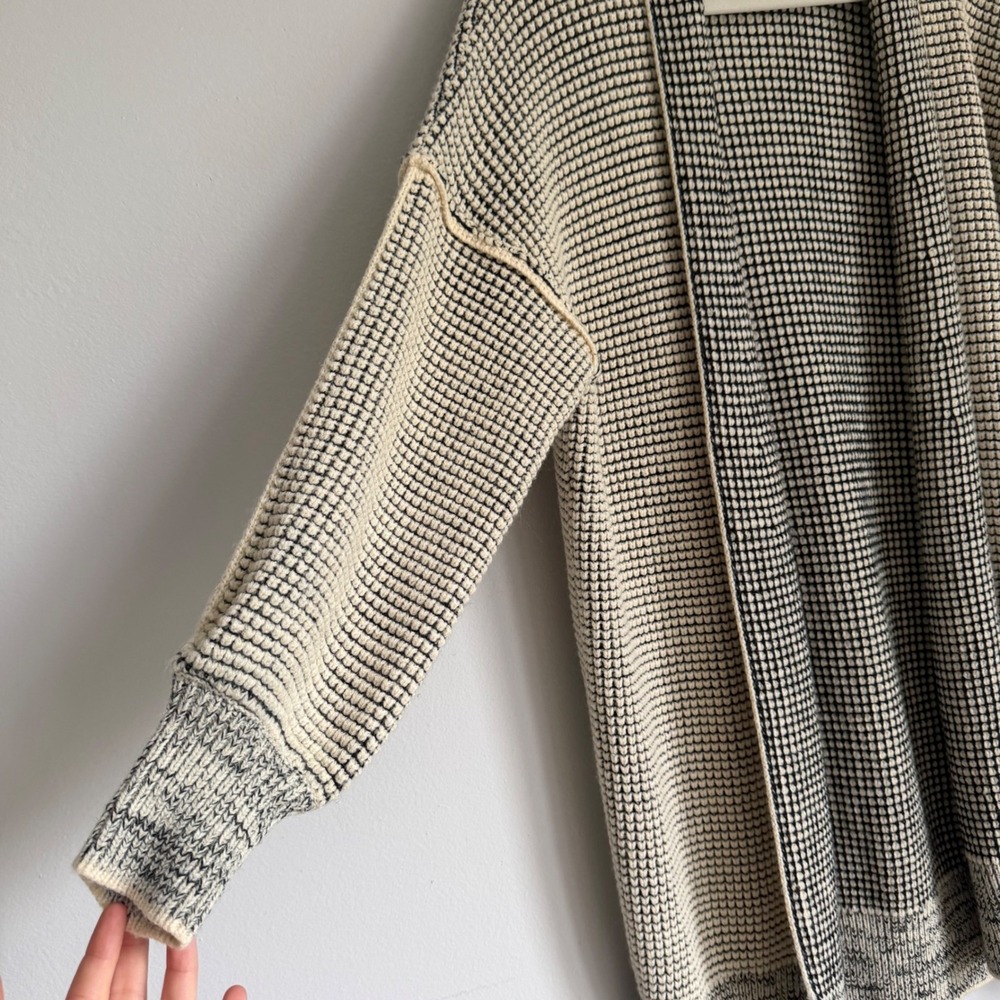 Textured Waffle Knit Longline Open Front Cardigan Sweater Black Cream XL - Picture 2 of 5